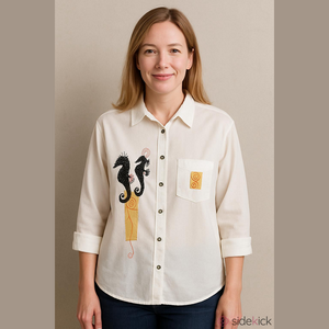 Color Me Cotton (CMC) White Embroidered Seahorse Button Down Shirt - Size Small